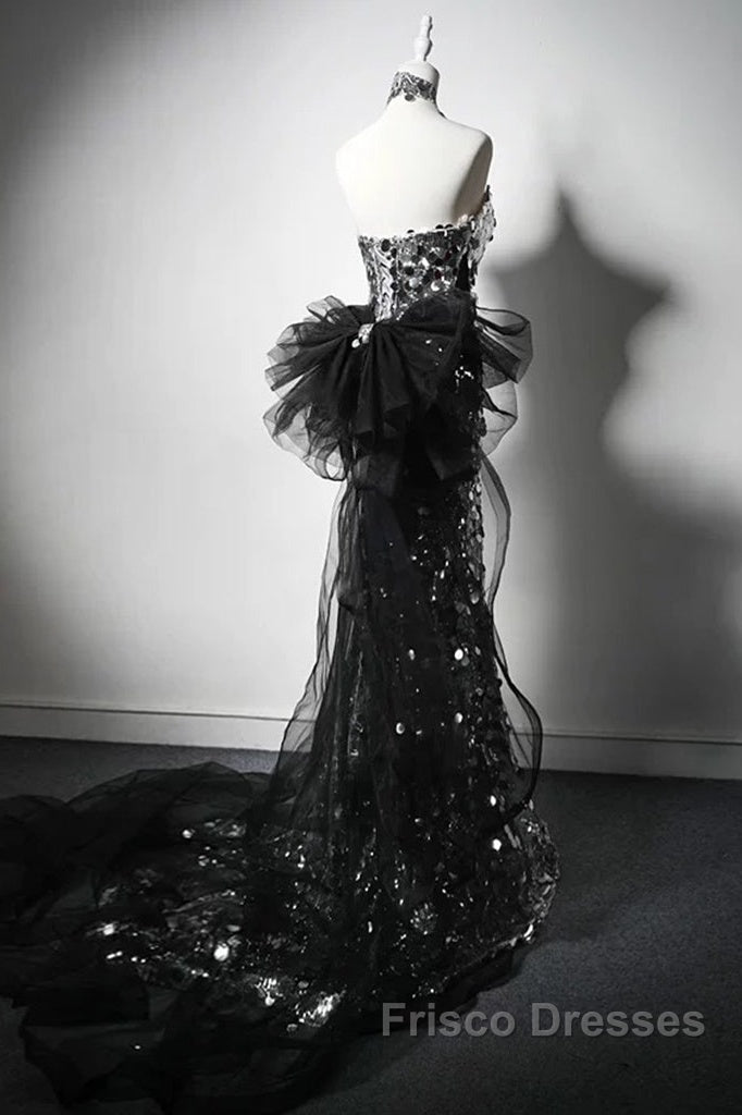 Mermaid Sequin Tulle Black Long Formal Prom Dress, Black Long Formal Dress