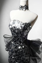 Mermaid Sequin Tulle Black Long Formal Prom Dress, Black Long Formal Dress