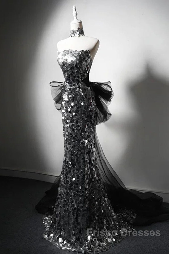 Mermaid Sequin Tulle Black Long Formal Prom Dress, Black Long Formal Dress