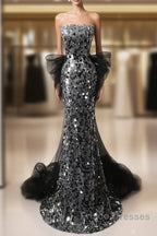 Mermaid Sequin Tulle Black Long Formal Prom Dress, Black Long Formal Dress
