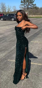Mermaid Sequins Dark Green Long Prom Dresses 22Th Birthday Outfits