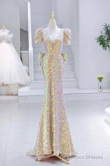 Mermaid Sequins Long Prom Dress, V-Neck Short Sleeve Evening Dress