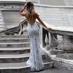 Sexy Mermaid Gold Sequin Tulle Long Backless Prom Dress Evening Dress