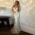 Sexy Mermaid Gold Sequin Tulle Long Backless Prom Dress Evening Dress