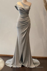 Mermaid Silver Glitter Dress One Shoulder Split
