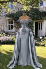Mermaid Silver Satin Appliques Dress