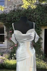 Mermaid Silver Satin Cold Shoulder Dress