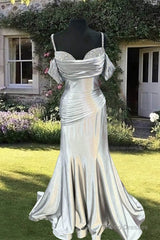 Mermaid Silver Satin Cold Shoulder Dress