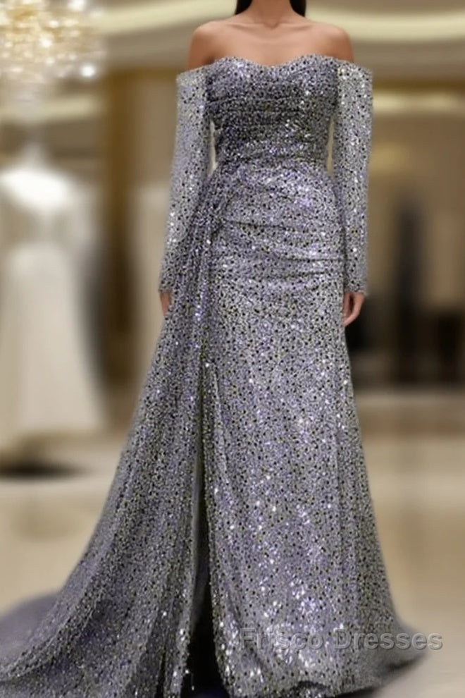 Mermaid Silver Sequin Beaded Off Shoulder Dress