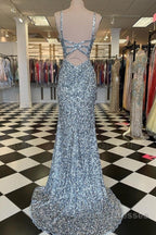 Mermaid Silver Sequin Formal Prom Dress V-Neck Long Formal Gown Slit
