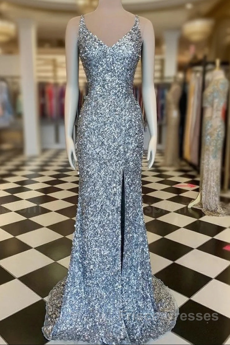 Mermaid Silver Sequin Formal Prom Dress V-Neck Long Formal Gown Slit Main image