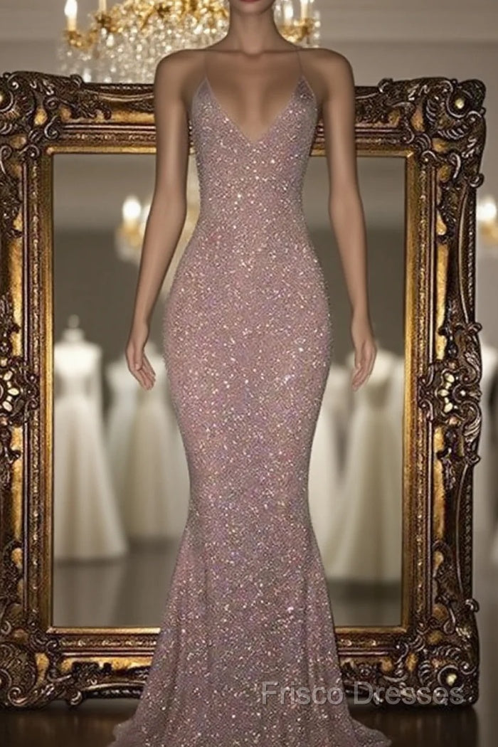 Mermaid Sleeveless Long Rose Pink Sequin Formal Prom Dress