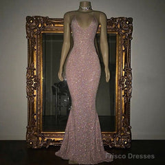Mermaid Sleeveless Long Rose Pink Sequin Prom Dresses
