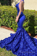 Mermaid Spaghetti strap Appliques Lace Sequined Open Back Floor-length Sleeveless Formal Prom Dresses
