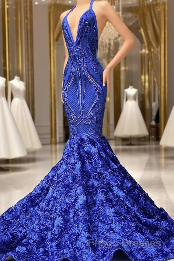 Mermaid Spaghetti strap Appliques Lace Sequined Open Back Floor-length Sleeveless Formal Prom Dresses
