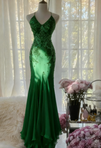 Mermaid Spaghetti Strap Chiffon Applique Long Prom Dresses Temperament Party Dresses
