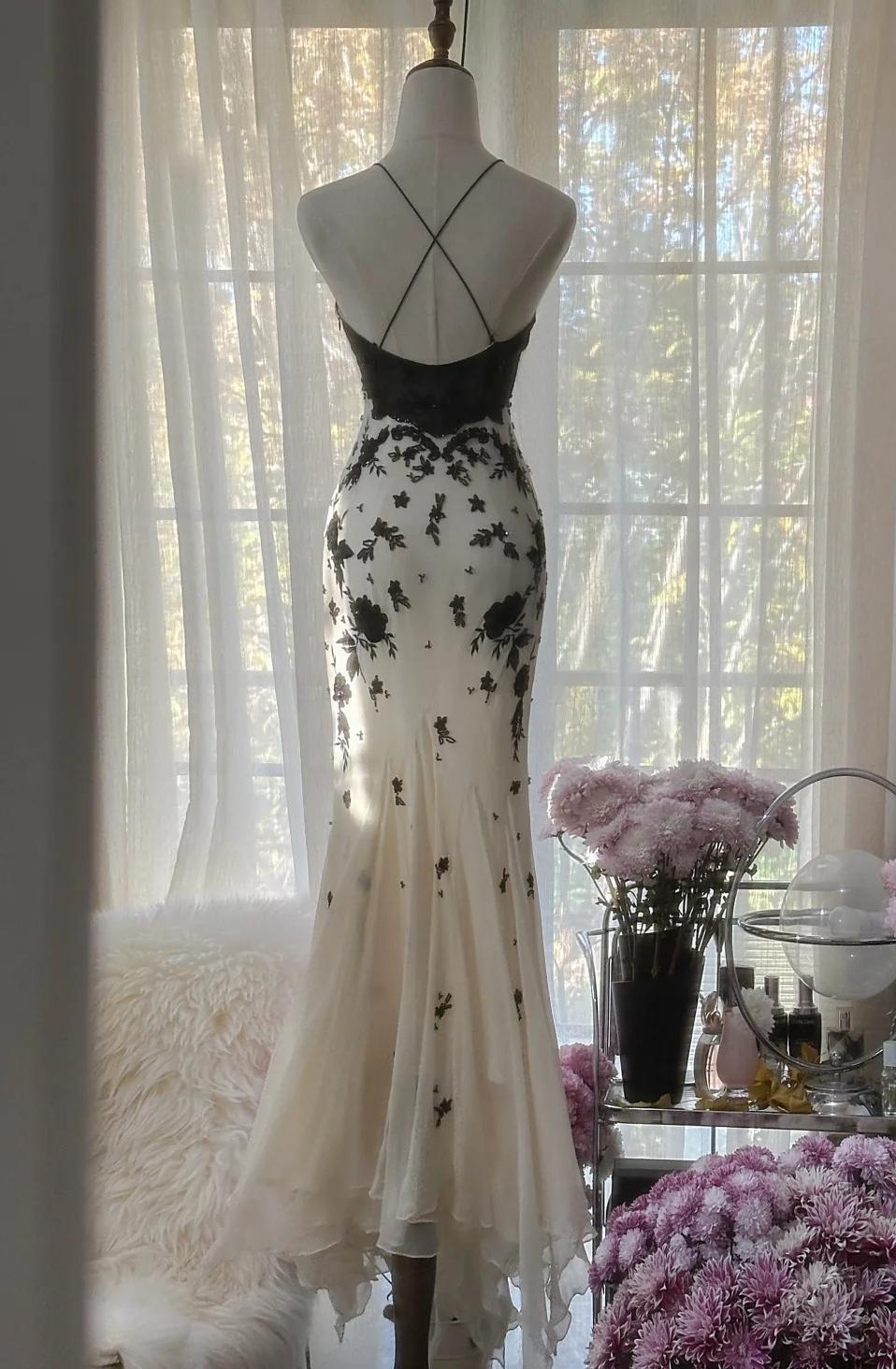 Mermaid Spaghetti Strap Chiffon Applique Long Prom Dresses Temperament Party Dresses