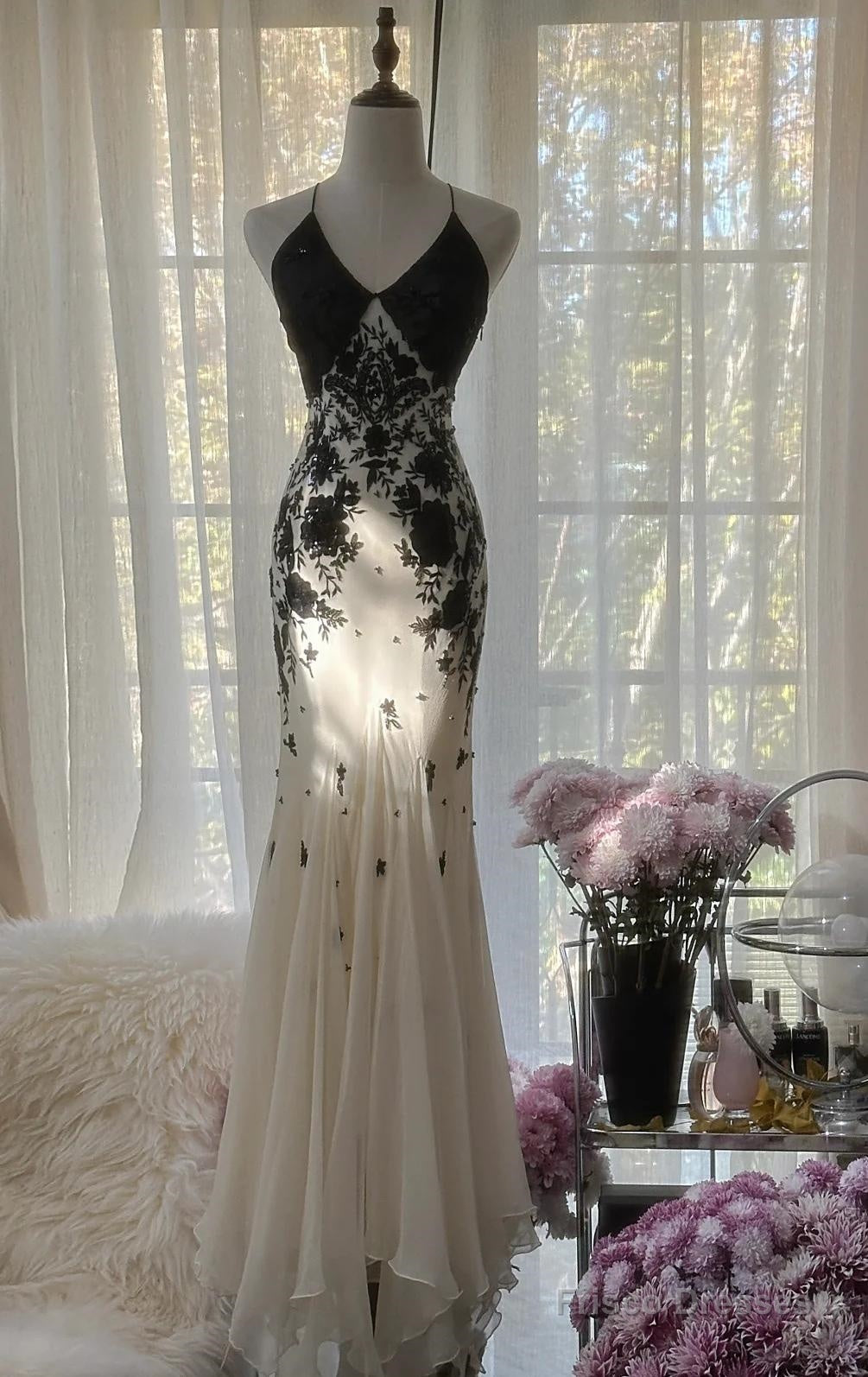Mermaid Spaghetti Strap Chiffon Applique Long Prom Dress Temperament Birthday Dress