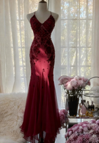 Mermaid Spaghetti Strap Chiffon Applique Long Prom Dresses Temperament Party Dresses
