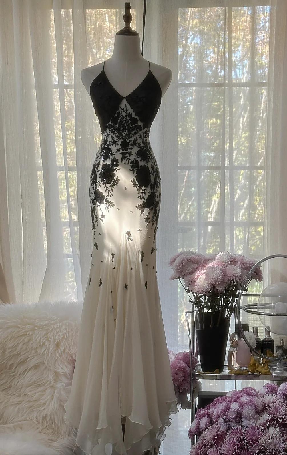 Mermaid Spaghetti Strap Chiffon Applique Long Prom Dresses Temperament Party Dresses Main image