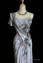 Mermaid Spaghetti Strap Chiffon Beaded Sequin Long Prom Dress Embroidered Applique Evening Gown