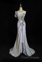 Mermaid Spaghetti Strap Chiffon Beaded Sequin Long Formal Prom Dress Embroidered Applique Formal Gown
