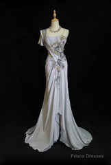 Mermaid Spaghetti Strap Chiffon Beaded Sequin Long Prom Dress Embroidered Applique Evening Gown