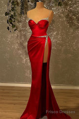 Mermaid Spaghetti Strap Sweetheart Floor-length Sleeveless Red High Split Prom Dresses