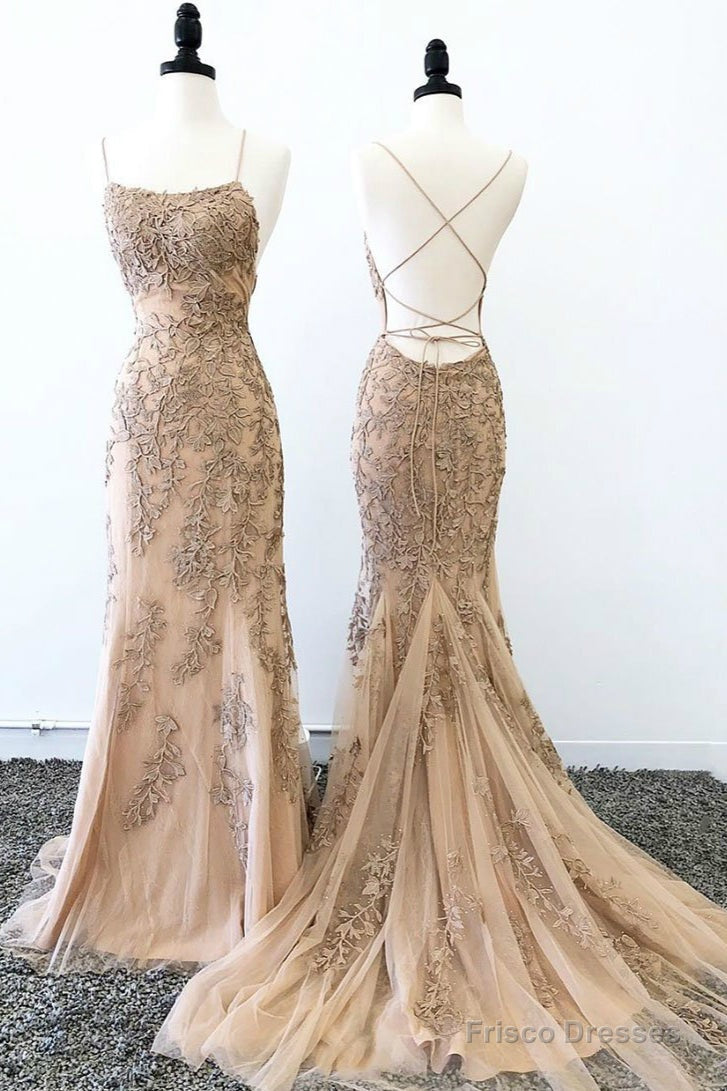 Mermaid Spaghetti Straps Applique Lace Prom Dresses With Sweep Train Main image
