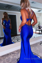Mermaid Spaghetti Straps Beaded Satin Prom Dress