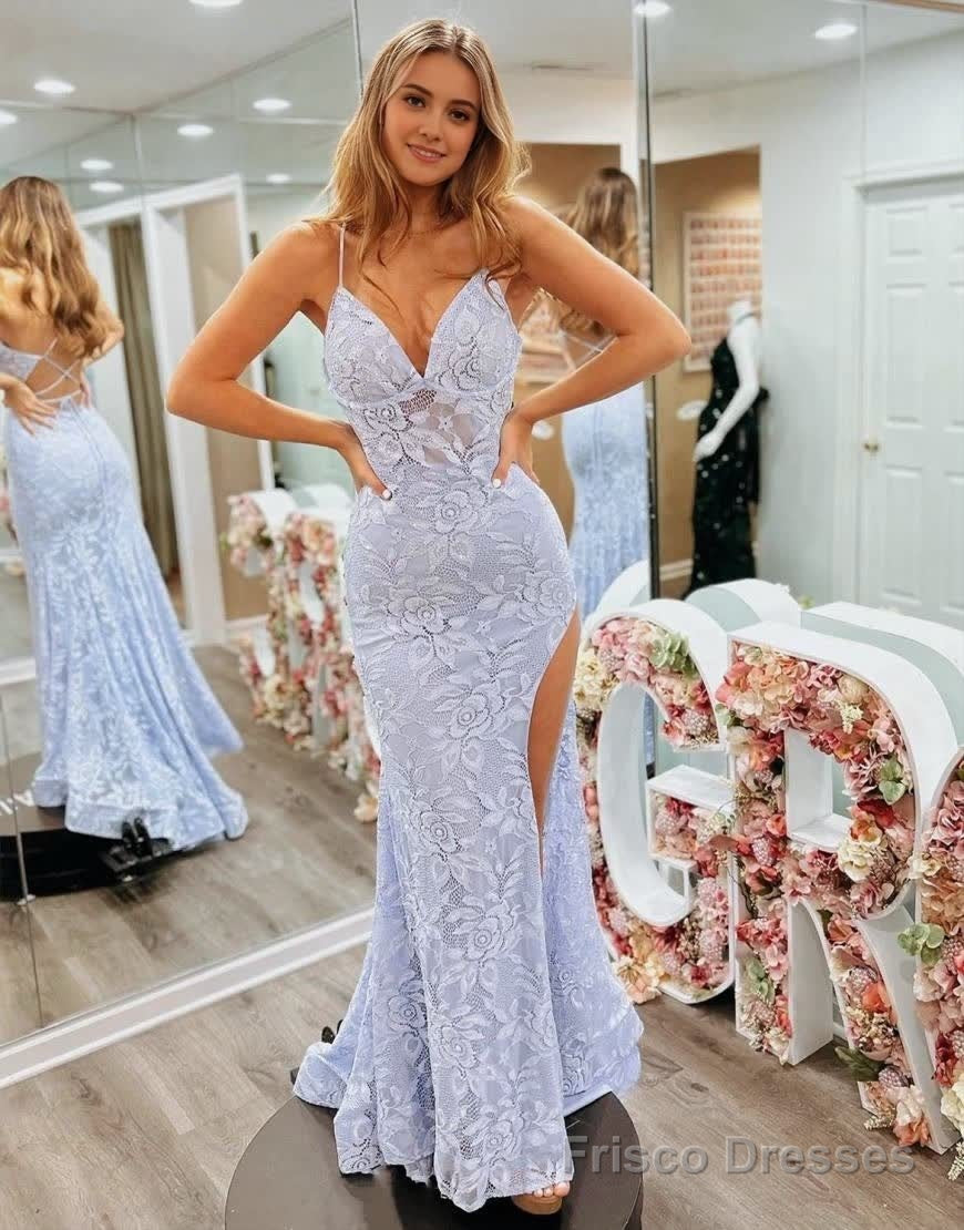 Mermaid Spaghetti Straps Lace Prom Dress With Slit Main image