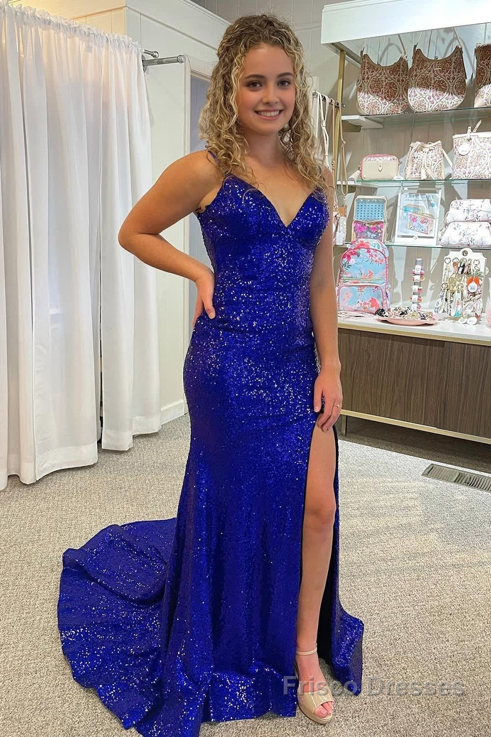 Mermaid Spaghetti Straps Royal Blue Sequins Long Prom Dress with Split Front Main image