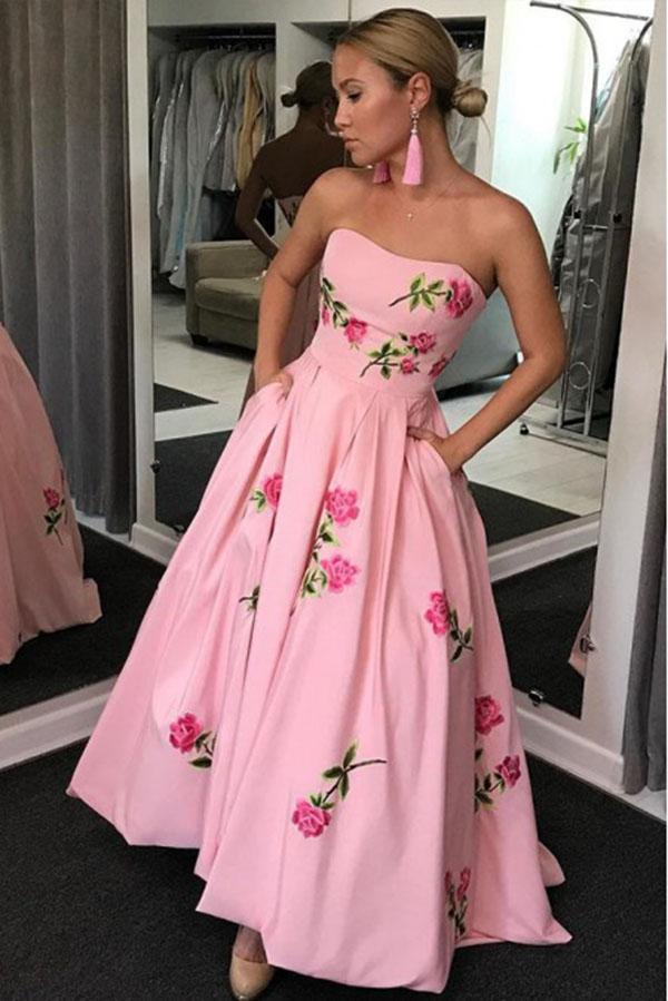 A-Line Sweetheart Strapless Pink Long Prom Dress With Embroidery Pockets
