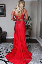 Mermaid Spaghettti Strap Beaded Satin Prom Dress with Slit