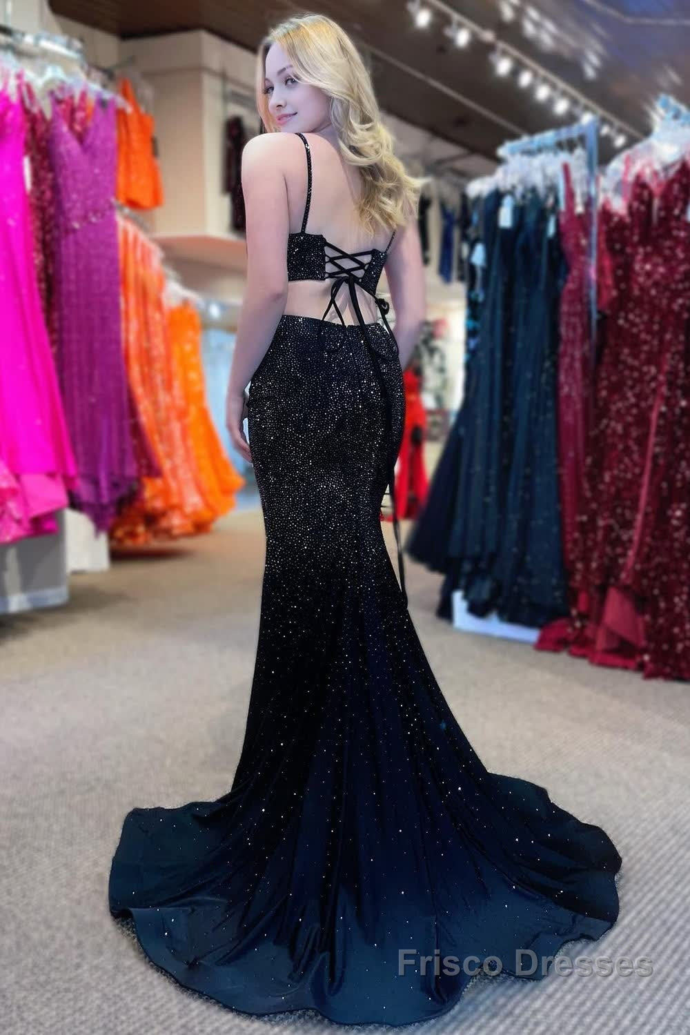 Mermaid Spaghettti Straps Black Sequins Long Prom Dress with Split Front Secondary image