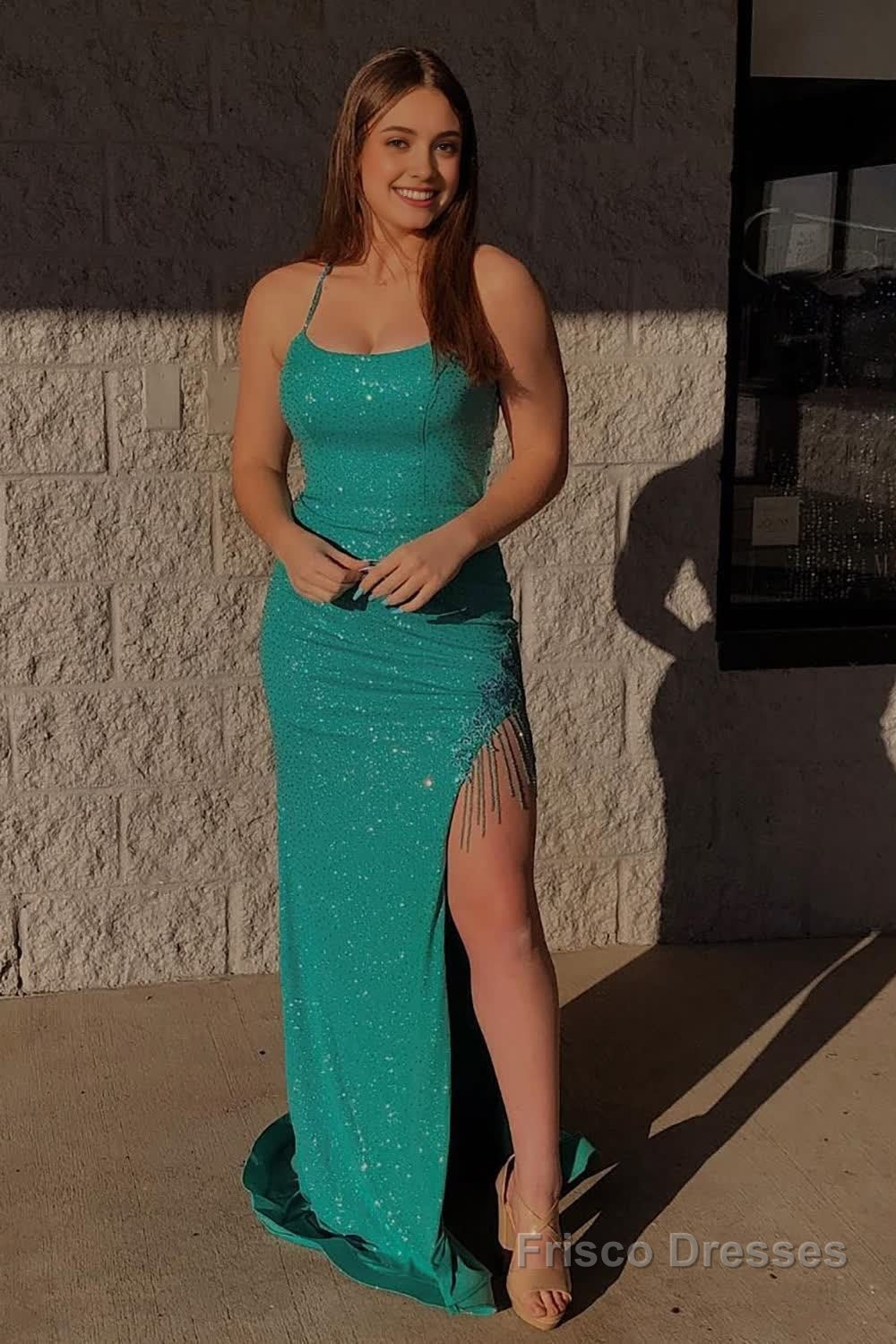 Mermaid Sparkly Green Sequins Long Prom Dress with Tassel Main image