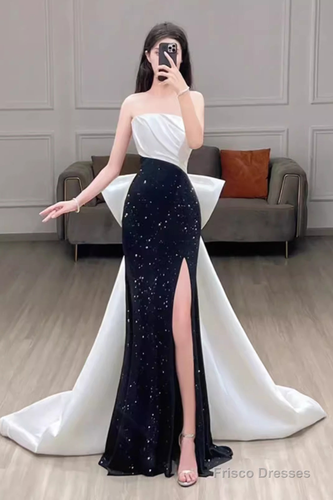 Mermaid Strapless Black Satin Long Slit Prom Dresses Secondary image