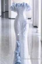 Mermaid Strapless Blue Sequin Formal Prom Dress Evening Dress