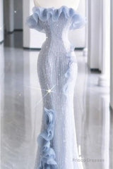 Mermaid Strapless Blue Sequin Prom Dresses Evening Dress