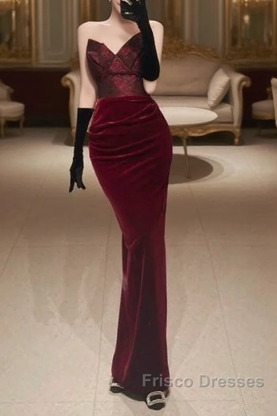 Mermaid Strapless Burgundy Long Lace Formal Prom Dress