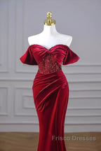 Mermaid Strapless Burgundy Velvet Formal Prom Dress Evening Dress