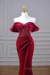 Mermaid Strapless Burgundy Velvet Formal Prom Dress Evening Dress