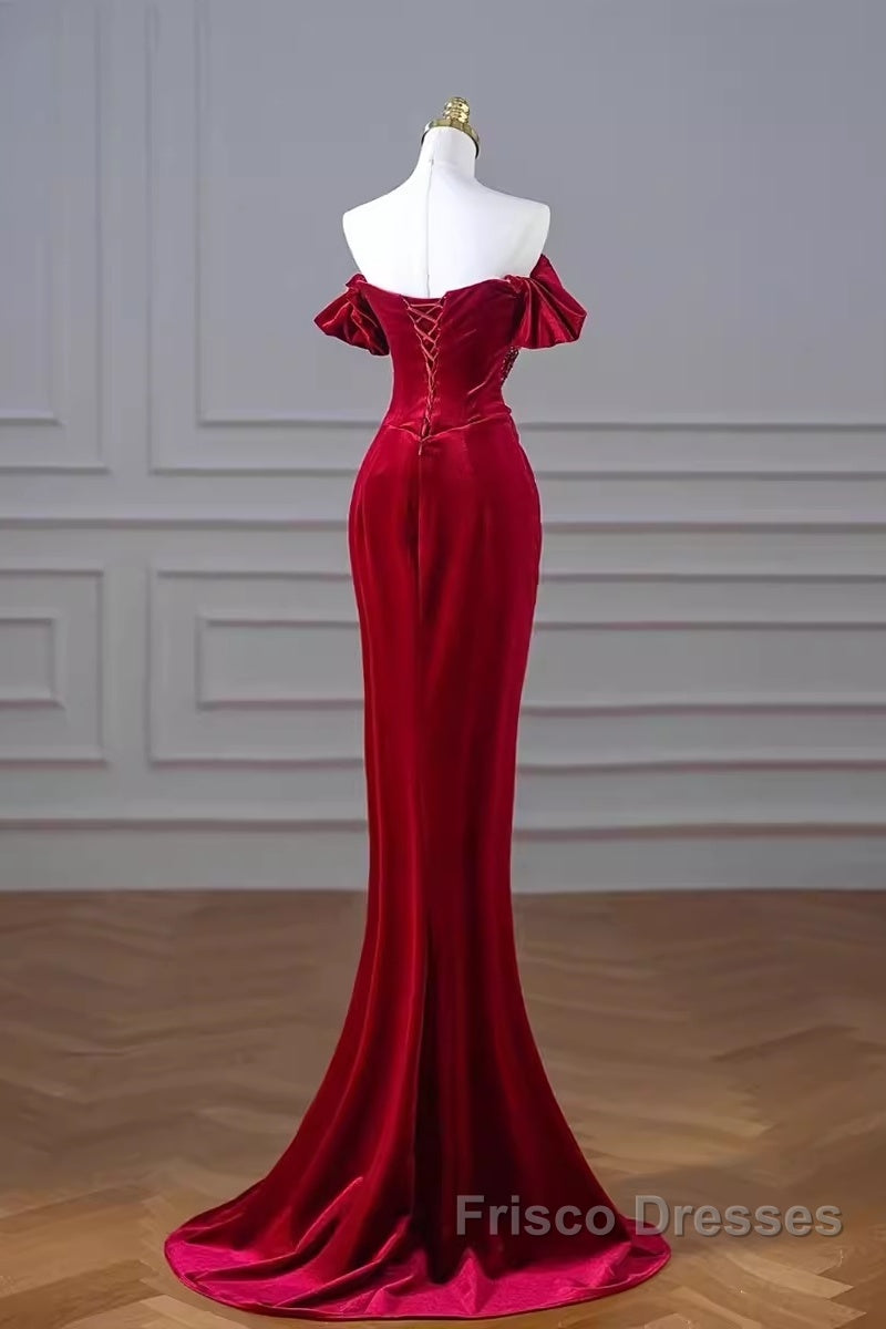 Mermaid Strapless Burgundy Velvet Formal Prom Dress Evening Dress