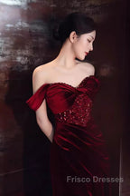 Mermaid Strapless Burgundy Velvet Formal Prom Dress Evening Dress