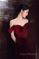 Mermaid Strapless Burgundy Velvet Formal Prom Dress Evening Dress