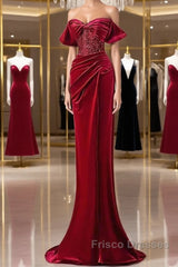 Mermaid Strapless Burgundy Velvet Formal Prom Dress Evening Dress