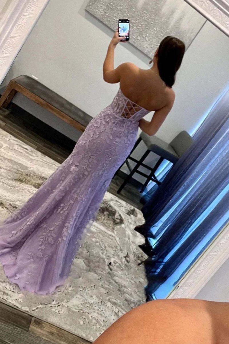 Mermaid Strapless Corset Lace Prom Dress with Slit