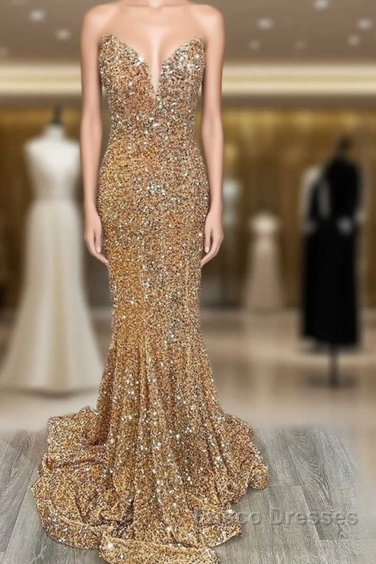 Mermaid Strapless Gold Sequin Formal Prom Dress Main image
