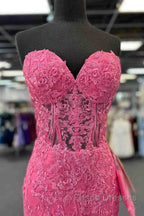 Mermaid Strapless Hot Pink Corset Appliques Long Formal Dress