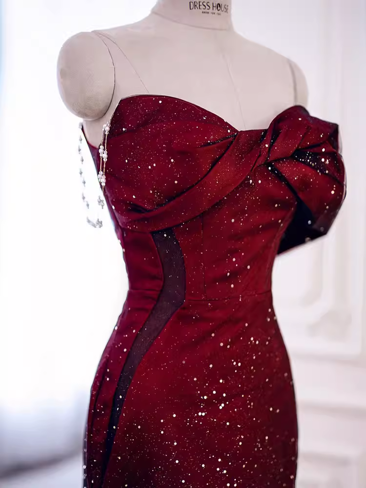 Mermaid Strapless Long Burgundy Prom Dress